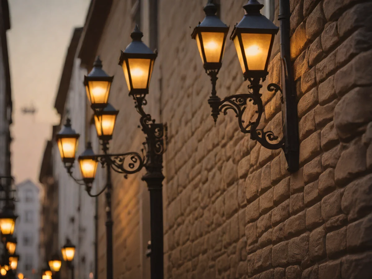 Close-up scene of a city's iconic building bathed in sunset hues, featuring weathered stone wall textures, glowing streetlights, and reflective glimmers on wet pavement, capturing the city's intricate details with vivid realism.