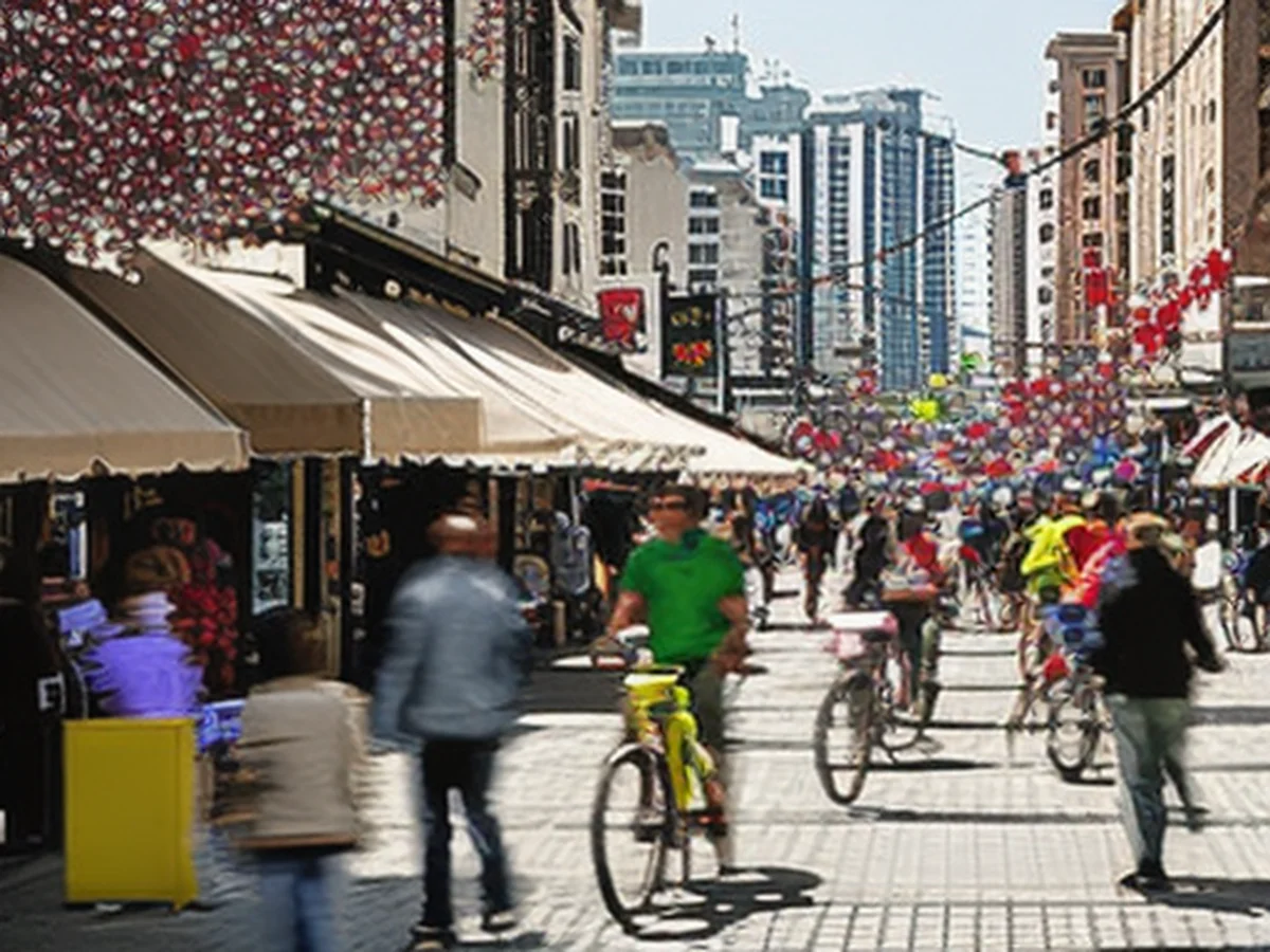 A vibrant urban scene capturing daily life: a bustling pedestrian walkway filled with people, merchants selling goods under colorful tents, and bicycles weaving through the crowd, showcasing a lively city street atmosphere.