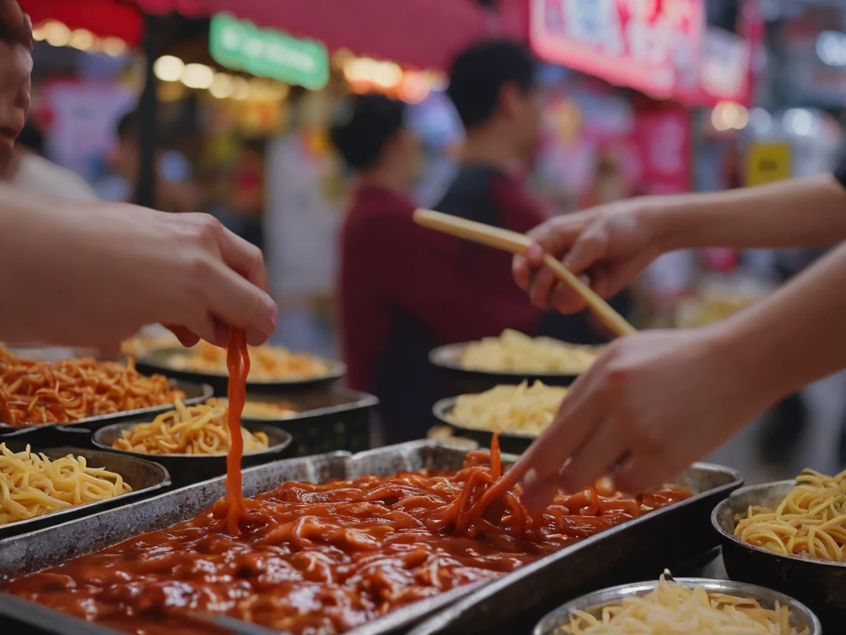 Scene of hands cutting tteok at a 24-hour tteokbokki shop in Cheongnyeongli. Red spicy sauce drips from a wooden spoon, and the tteok glistens under outdoor lighting.