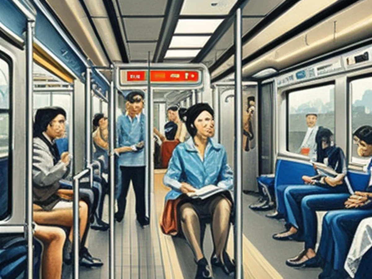 Tokyo subway interior, a complex scene during morning and evening rush hours. A harmonious moment of the city's landscape swiftly passing by the window and people's daily lives.