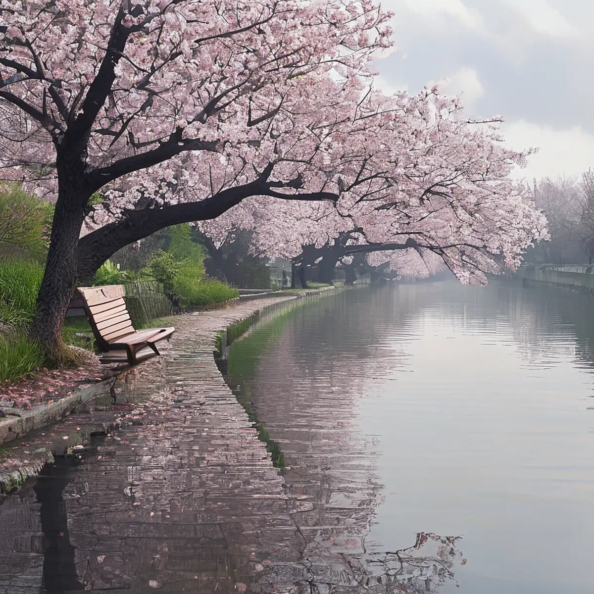 Tranquil Seine riverbank with blooming cherry blossoms and stone bench