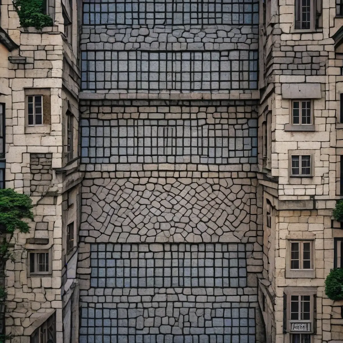 Top-down view of historic Parisian courtyard with cobblestones and fountain