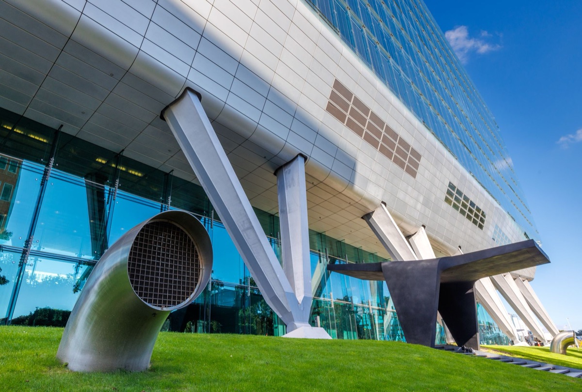 The architectural facade of a financial district building in Amsterdam.