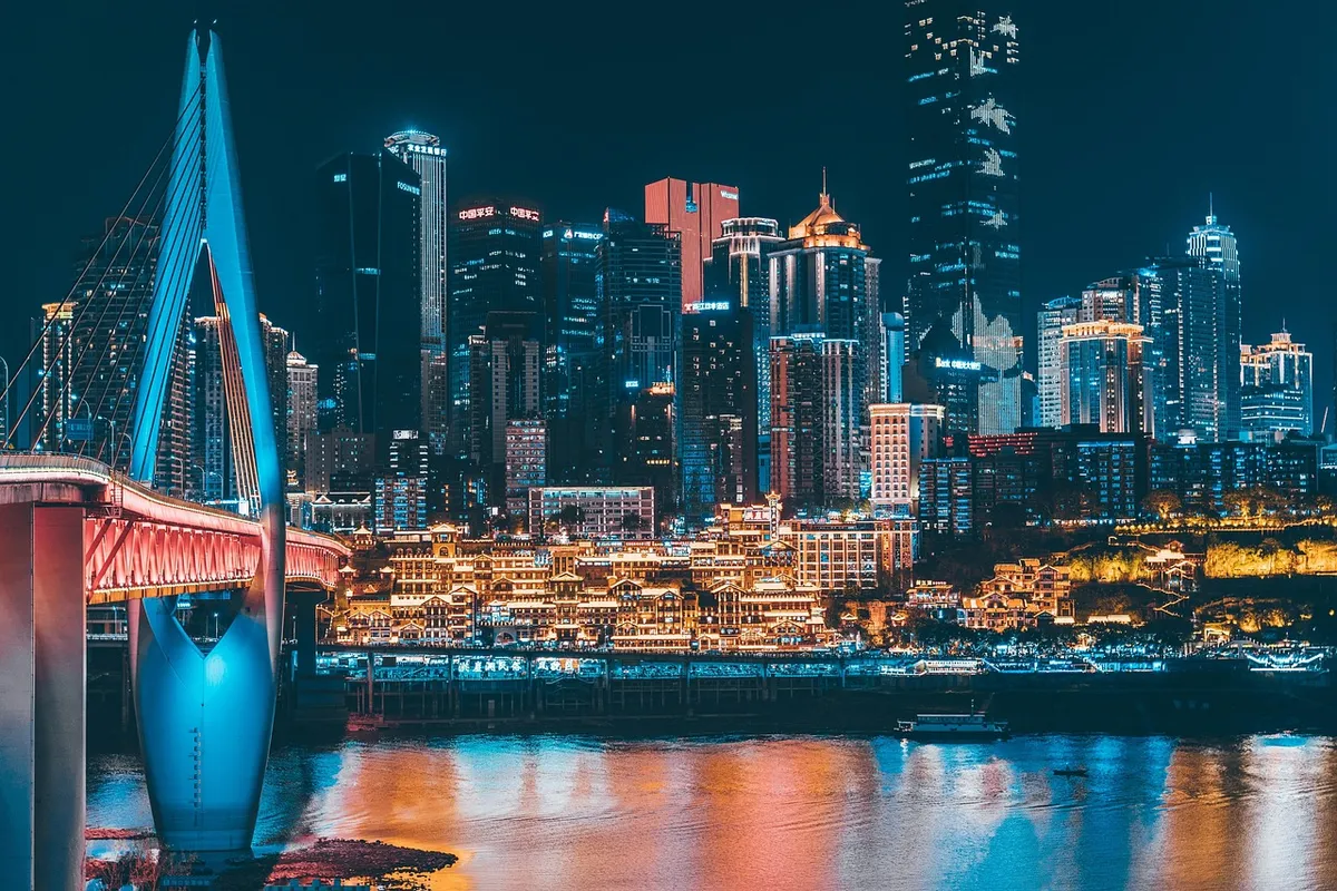 city, bridge, night, river, lights, city lights, skyscrapers, buildings, skyline, downtown, urban, evening, night view, hongya cave, chongqing, china, chongqing