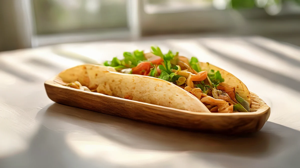 Taco tray de madera, marrón oscuro, rectangular, lisa, sobre una mesa blanca, luz suave, profundidad de campo baja, realismo fotográfico, detalles altos