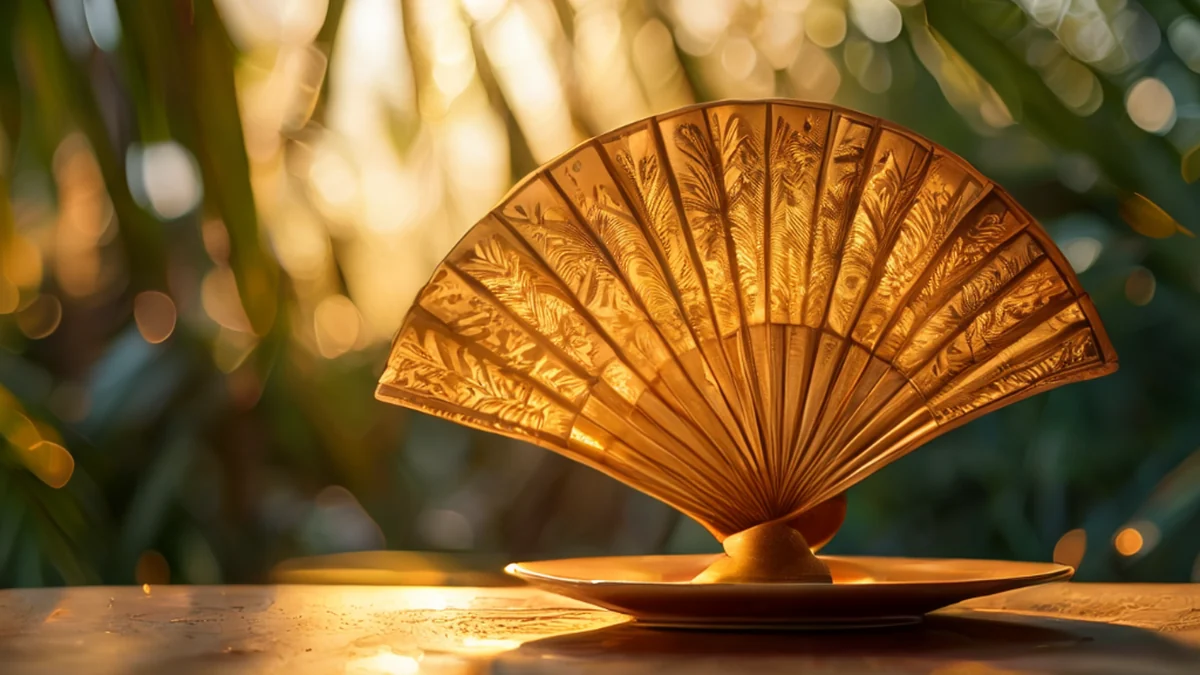 Een tropisch ventilator van goud met palmebladpatronen, zittend op een porseleinen tafel onder de gouden urenlicht, zacht focus, fotorealistisch, scherp focus, hoge details