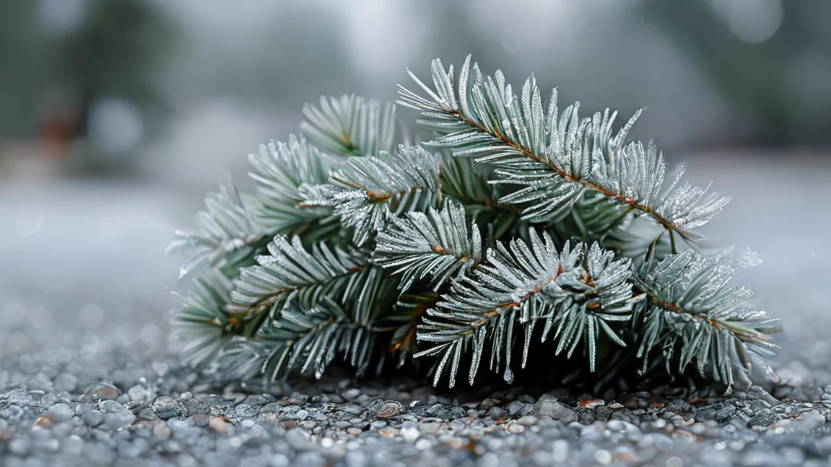 Frost Pine is een conifer met gouden bladeren en een stam bedekt met sneeuw.